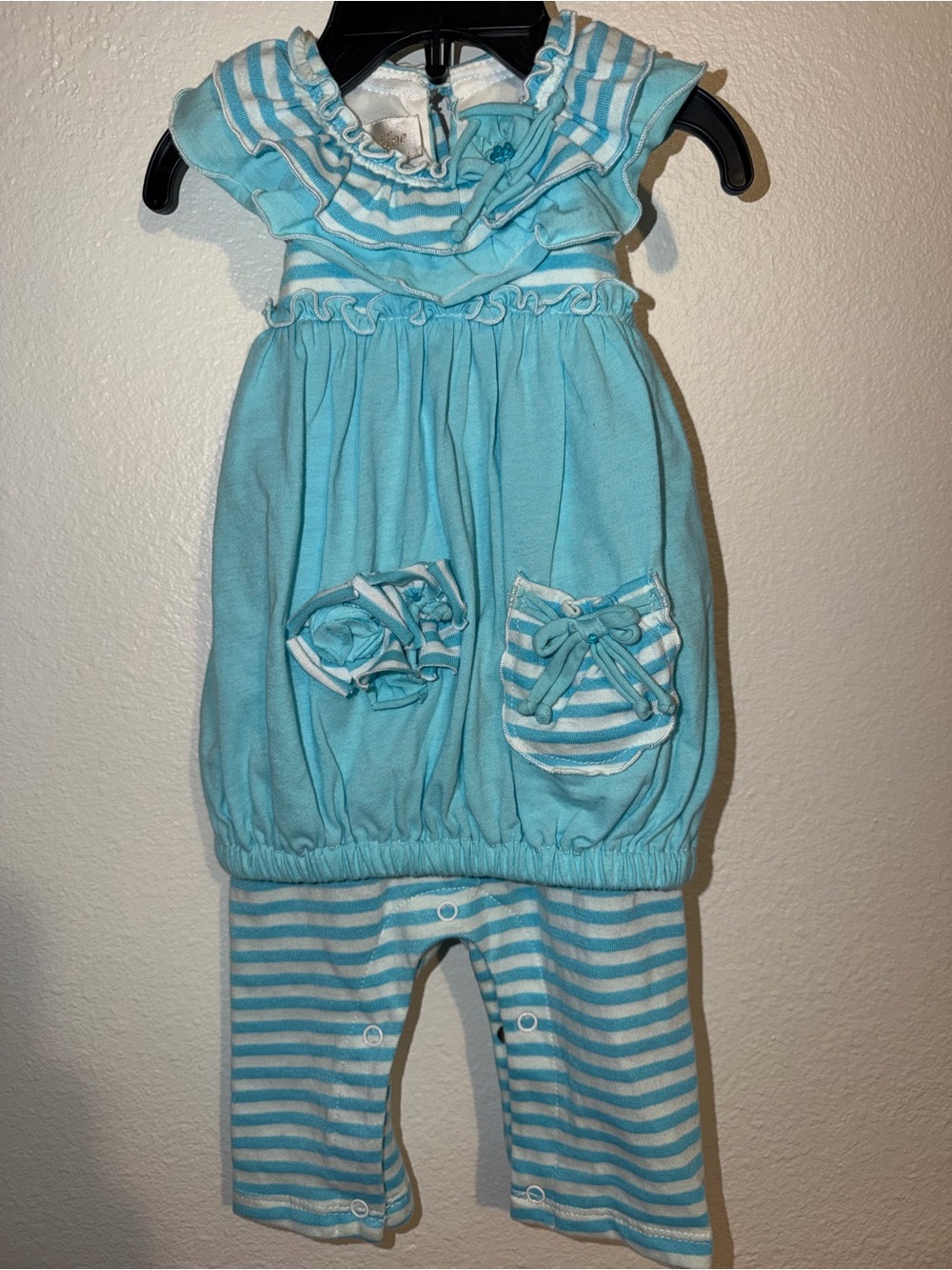 NWT Isobella & Chloe Candy Land Romper 3M Aqua Stripe Footless $40